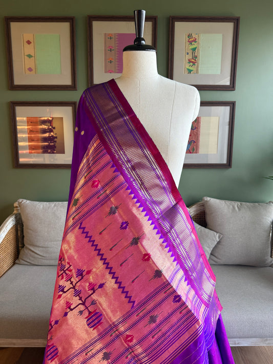 Purple Paithani with Contrast Border and Asavali Pallu