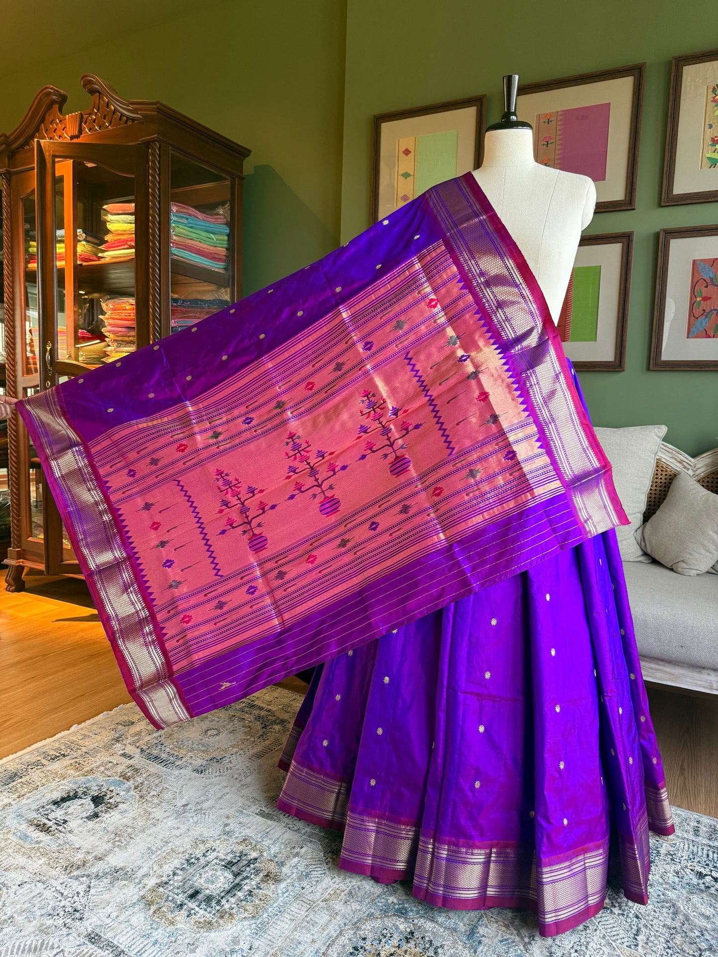 Purple Paithani with Contrast Border and Asavali Pallu