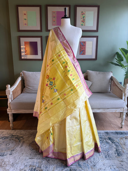 Pale Yellow Paithani with Contrast Border and Asavali Pallu