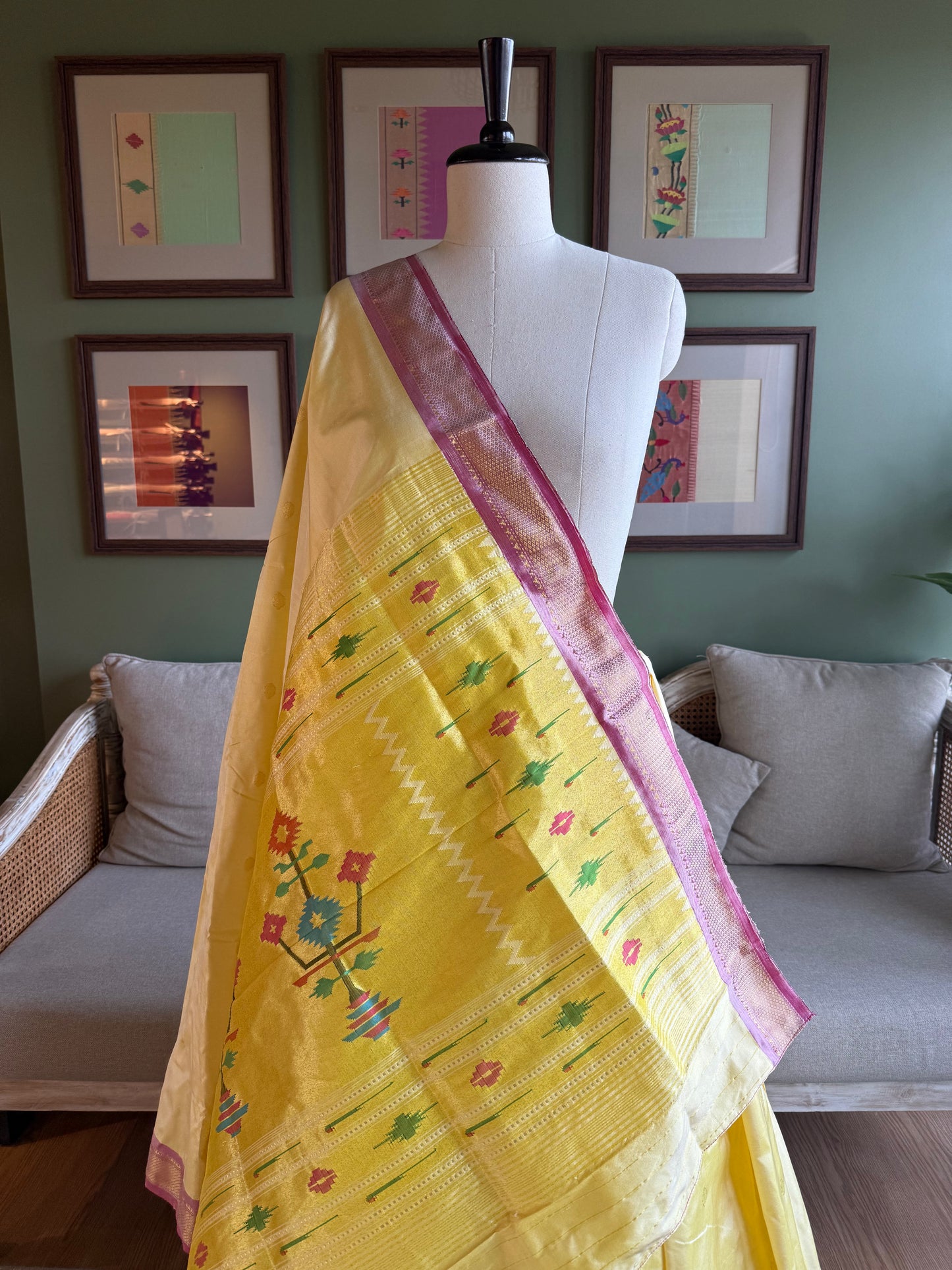 Pale Yellow Paithani with Contrast Border and Asavali Pallu