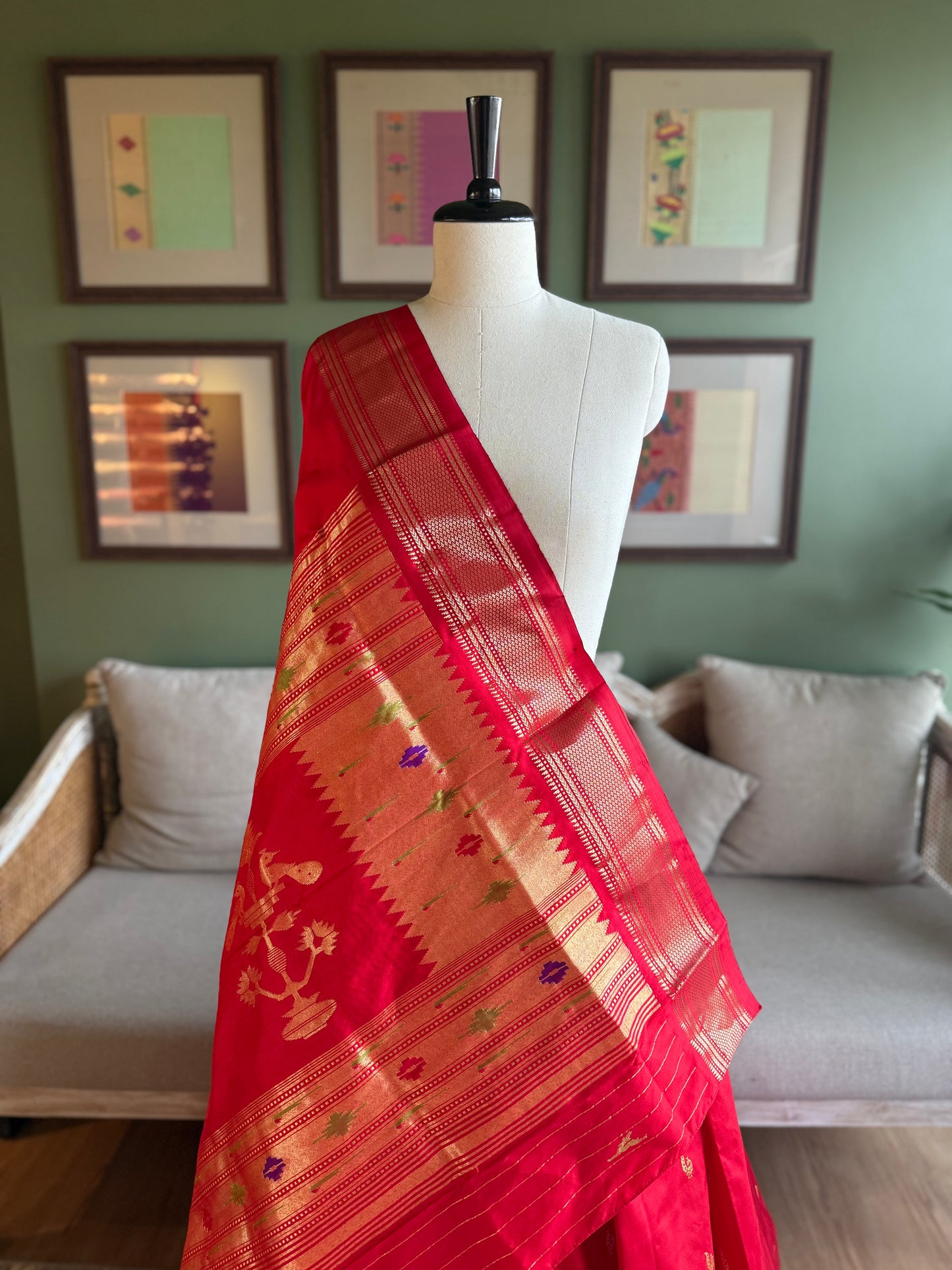 Red Paithani with Monotone Peacock Pallu