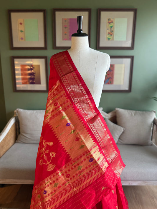 Red Paithani with Monotone Peacock Pallu