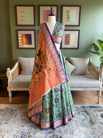 Light Blue Kalamkari x Paithani with Narali Border and Peacock-Parrot Pallu