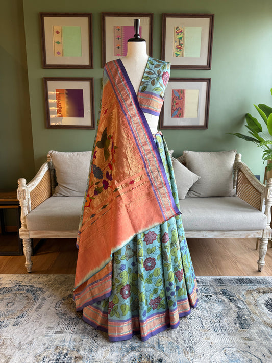 Light Blue Kalamkari x Paithani with Narali Border and Peacock-Parrot Pallu