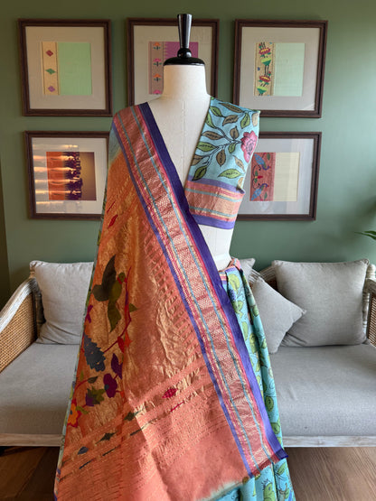 Light Blue Kalamkari x Paithani with Narali Border and Peacock-Parrot Pallu