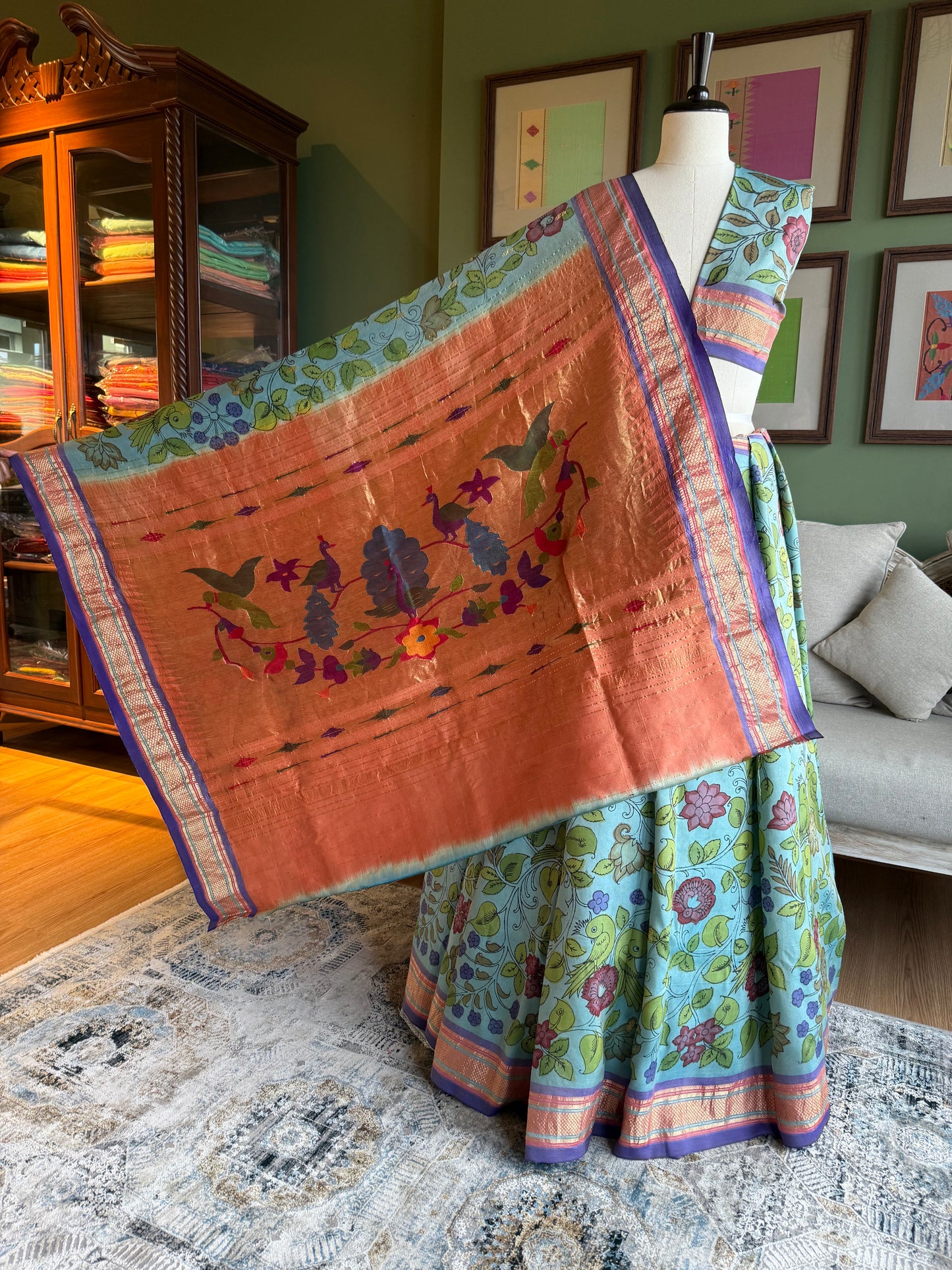 Light Blue Kalamkari x Paithani with Narali Border and Peacock-Parrot Pallu