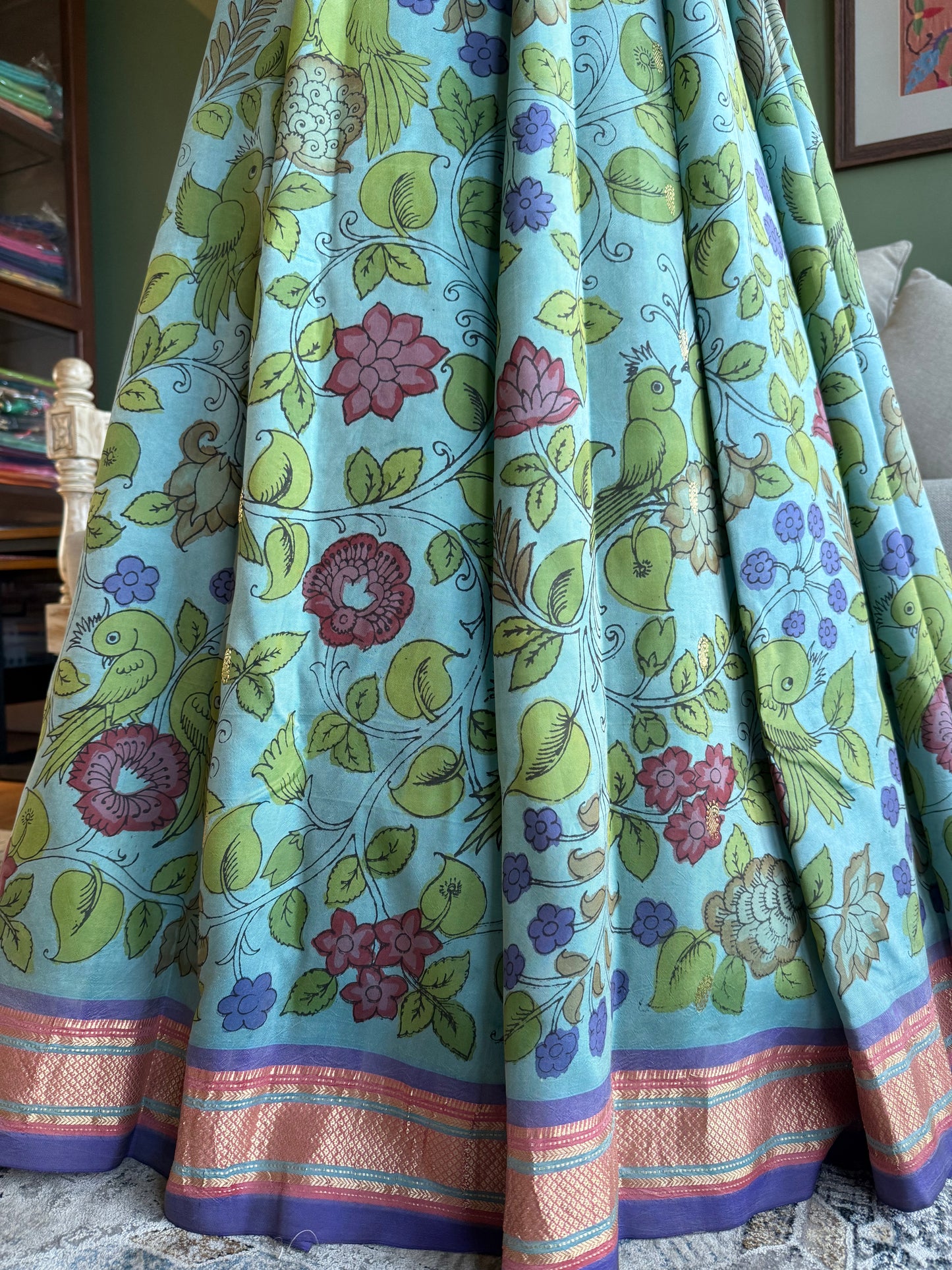 Light Blue Kalamkari x Paithani with Narali Border and Peacock-Parrot Pallu