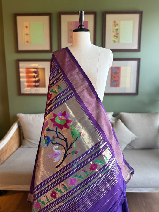 Purple Cotton Paithani with Peacock Swan Pallu