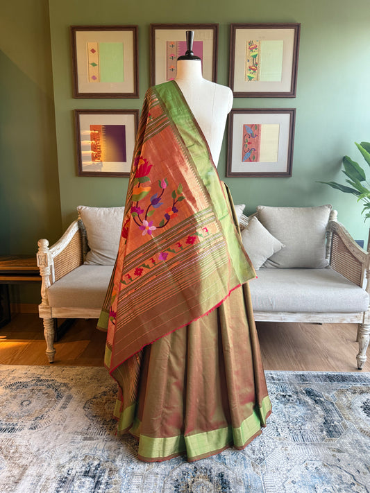 Red x Green Cotton Paithani with Lotus Pallu
