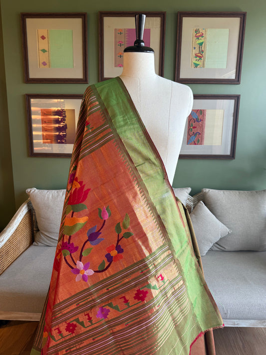 Red x Green Cotton Paithani with Lotus Pallu