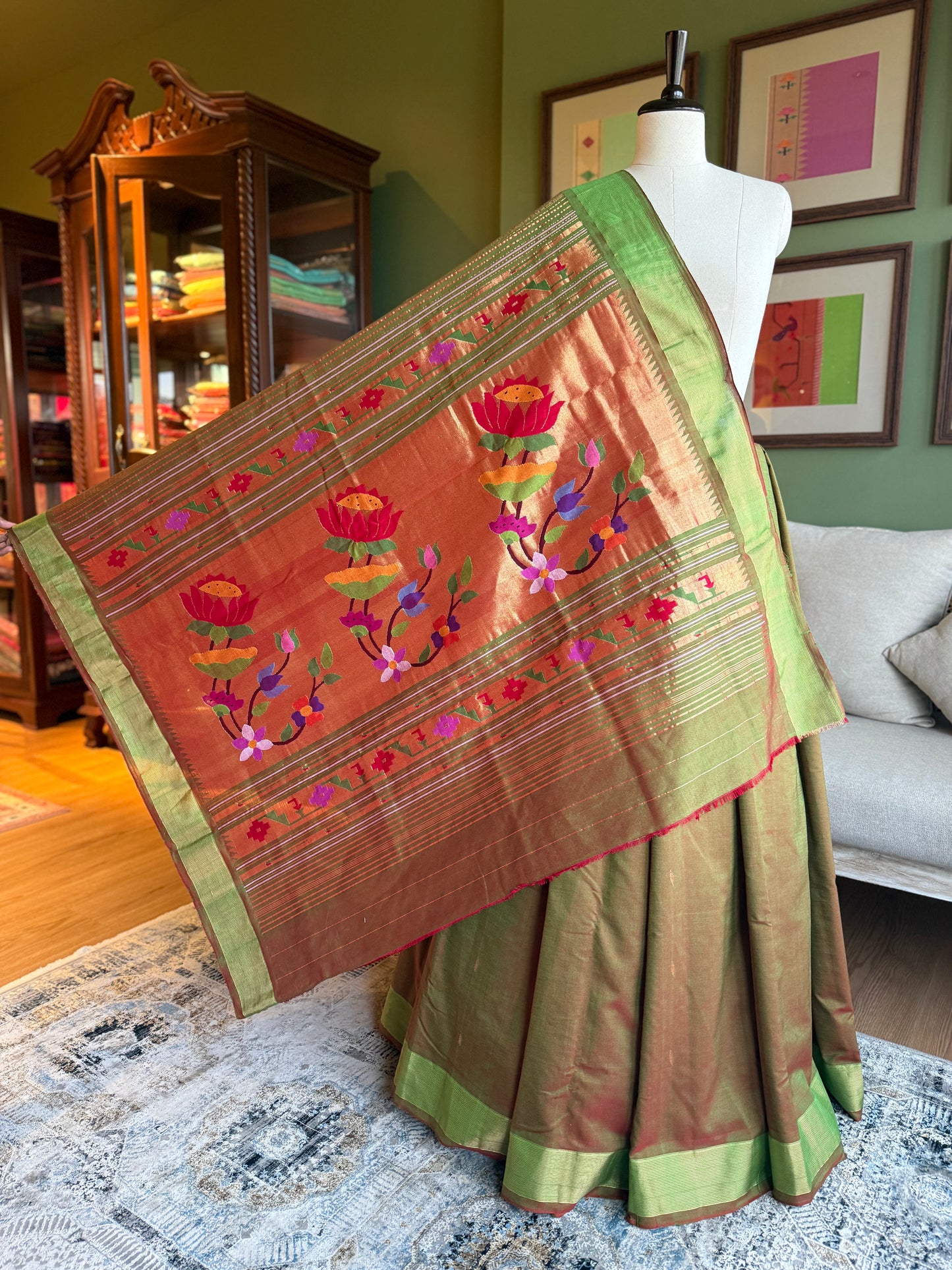 Red x Green Cotton Paithani with Lotus Pallu