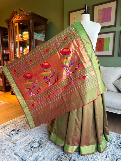 Red x Green Cotton Paithani with Lotus Pallu
