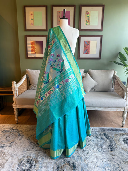 Blue x Green Cotton Paithani with Asavali Pallu