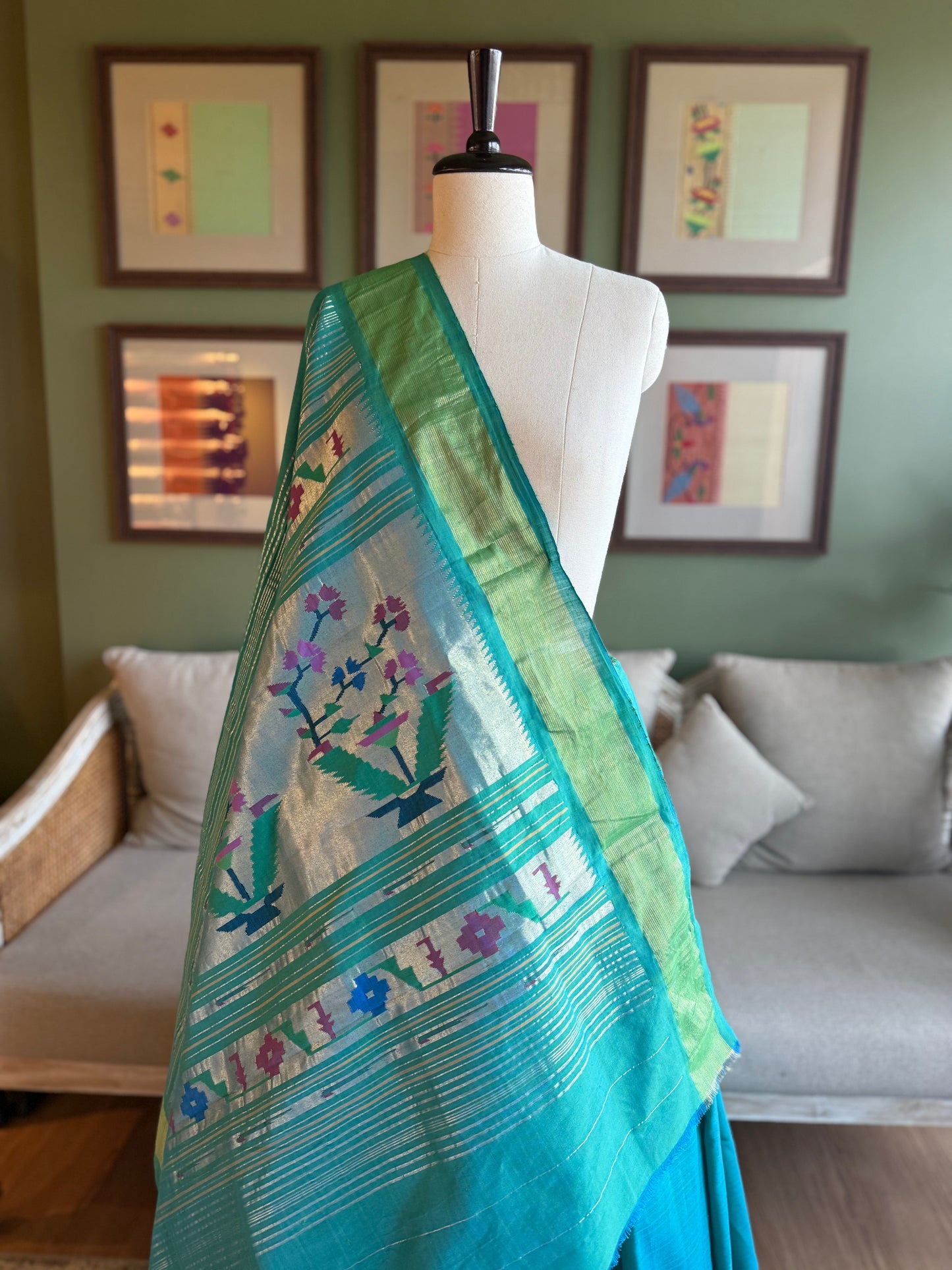 Blue x Green Cotton Paithani with Asavali Pallu