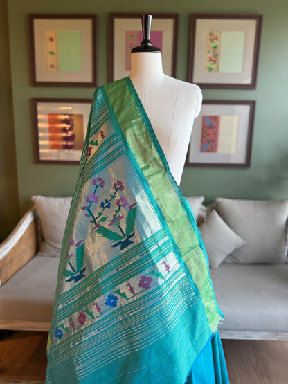 Blue x Green Cotton Paithani with Asavali Pallu