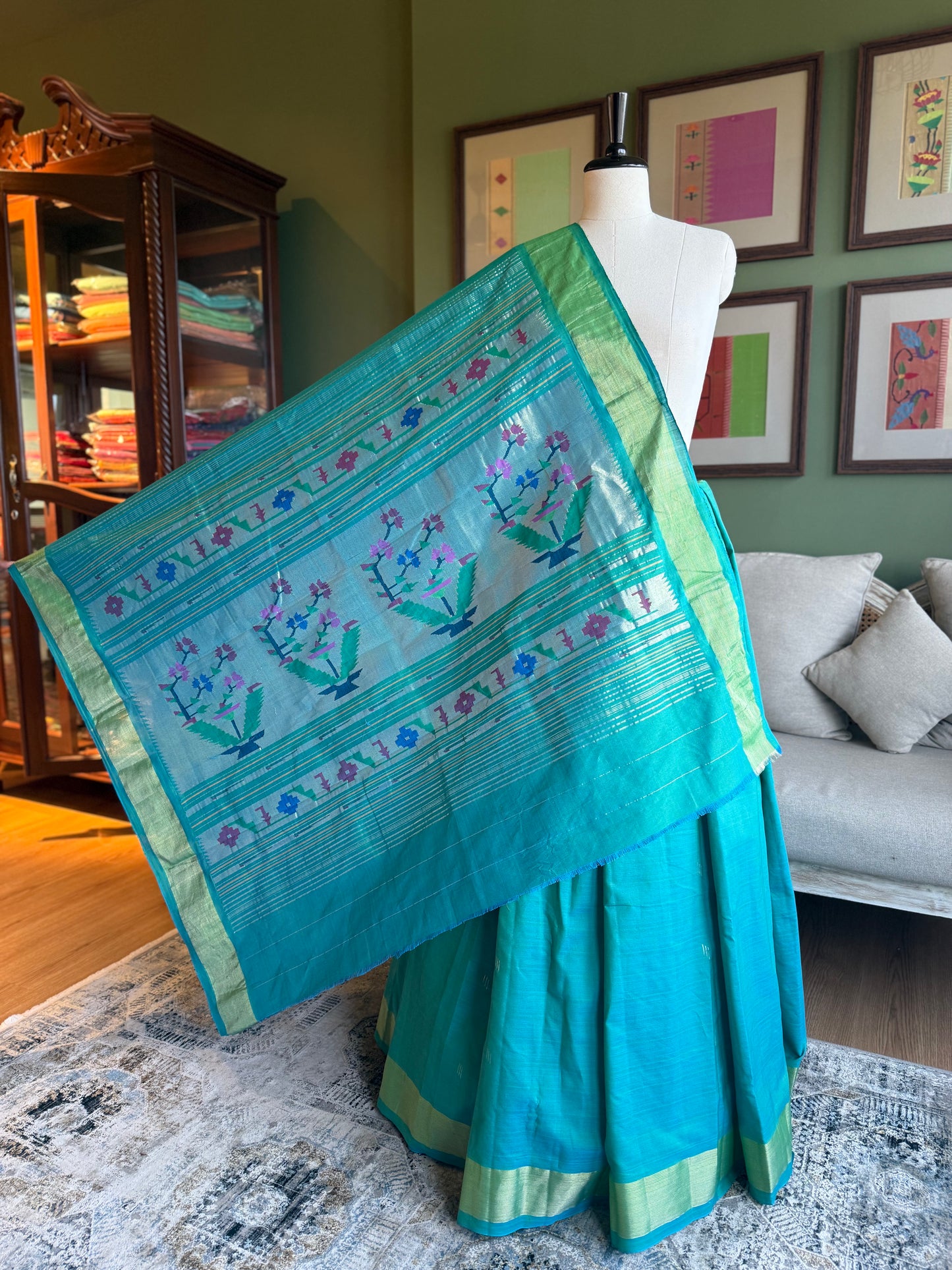Blue x Green Cotton Paithani with Asavali Pallu