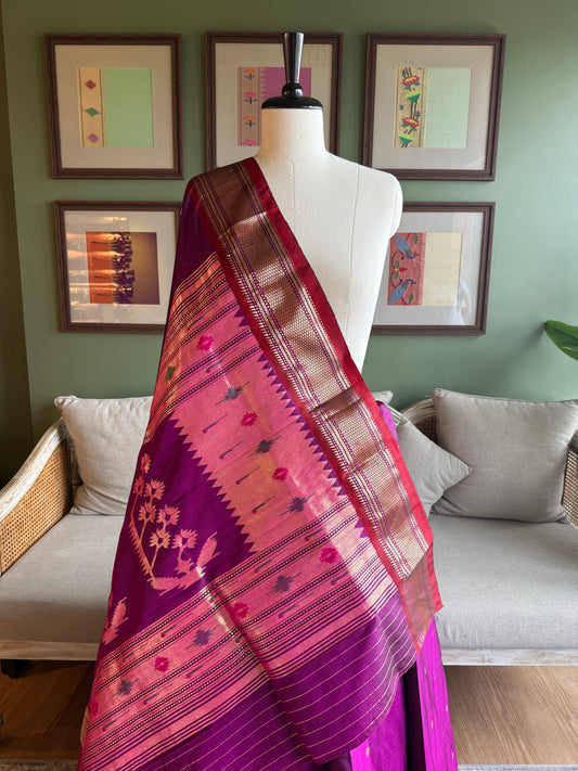 Wine Paithani with Contrast Border and Asavali Pallu