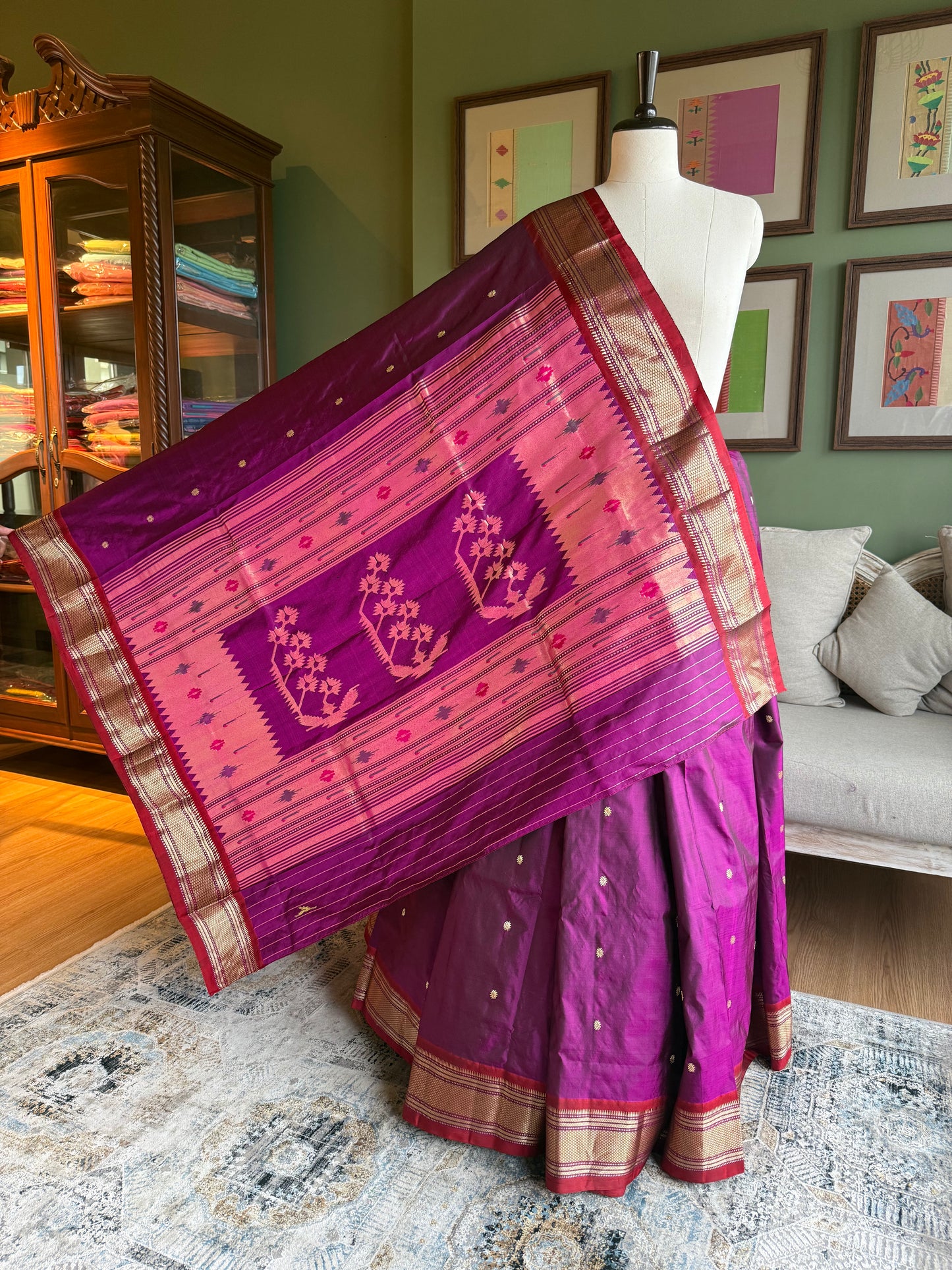 Wine Paithani with Contrast Border and Asavali Pallu