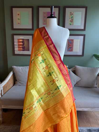 Yellow Paithani with Contrast Border and Tava Pallu