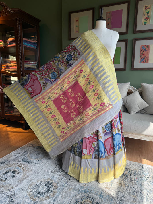 Grey Kalamkari x Paithani with Large Panja Border and Asavali Pallu
