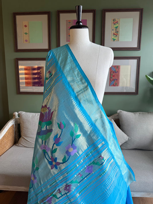 Bright Blue Paithani with Lotus Pallu
