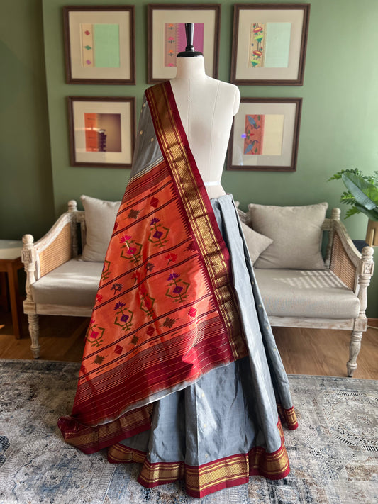 Grey Paithani with Contrast Border and Asavali Pallu