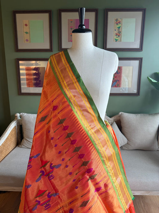 Orange Paithani with Contrast Border and Classic Pallu