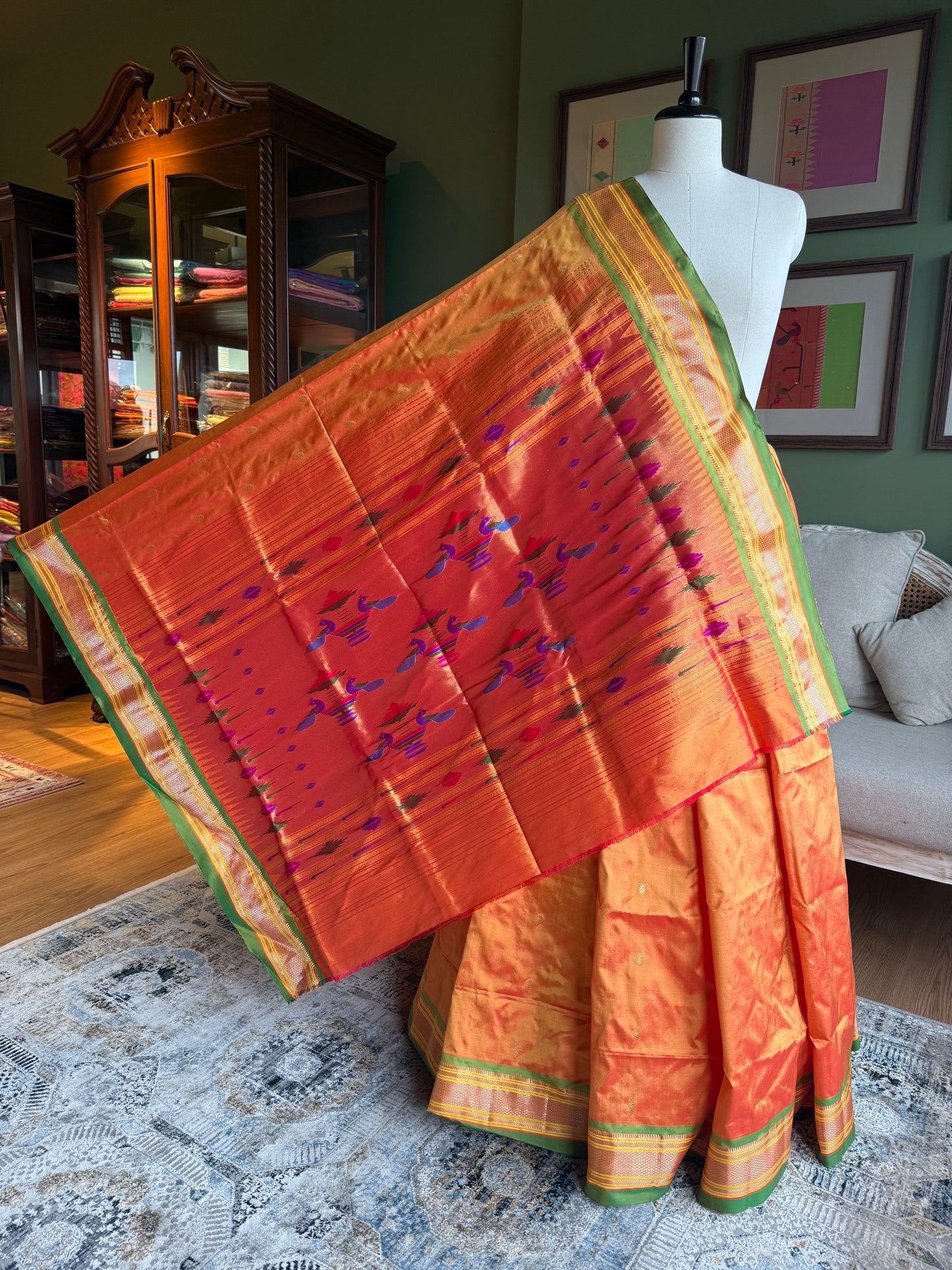 Orange Paithani with Contrast Border and Classic Pallu