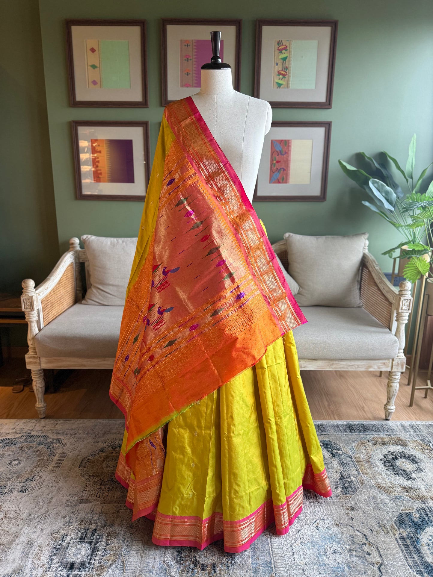 Lime Yellow Paithani with Contrast Border and Classic Pallu