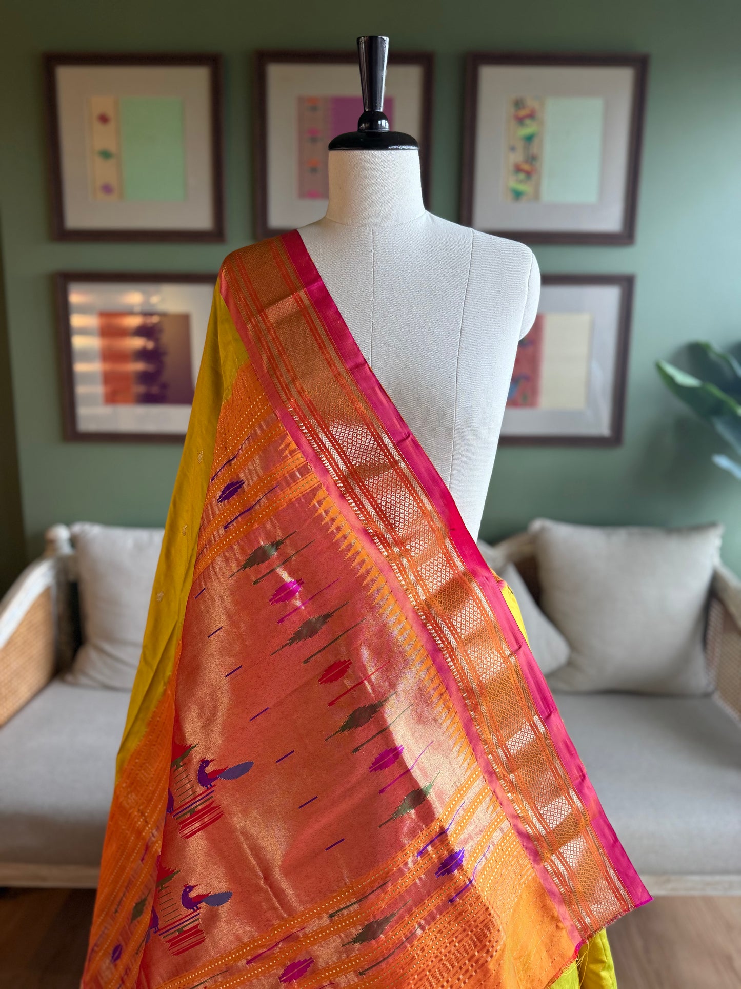 Lime Yellow Paithani with Contrast Border and Classic Pallu