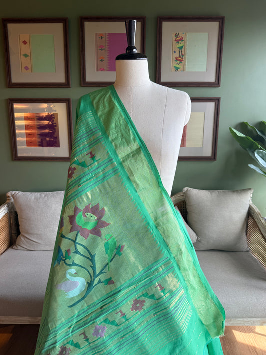 Green Cotton Paithani with Peacock/Swan Pallu