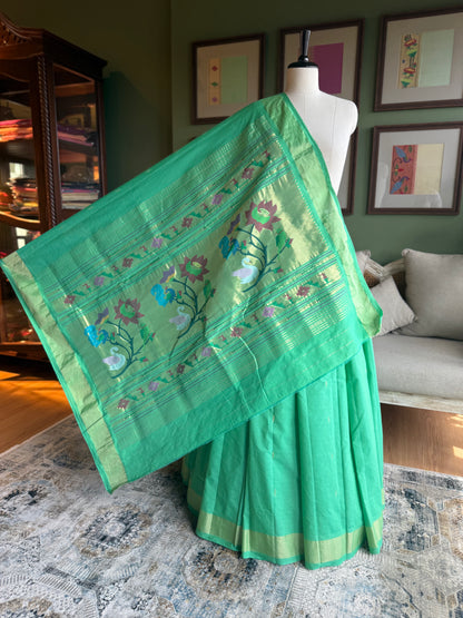 Green Cotton Paithani with Peacock/Swan Pallu