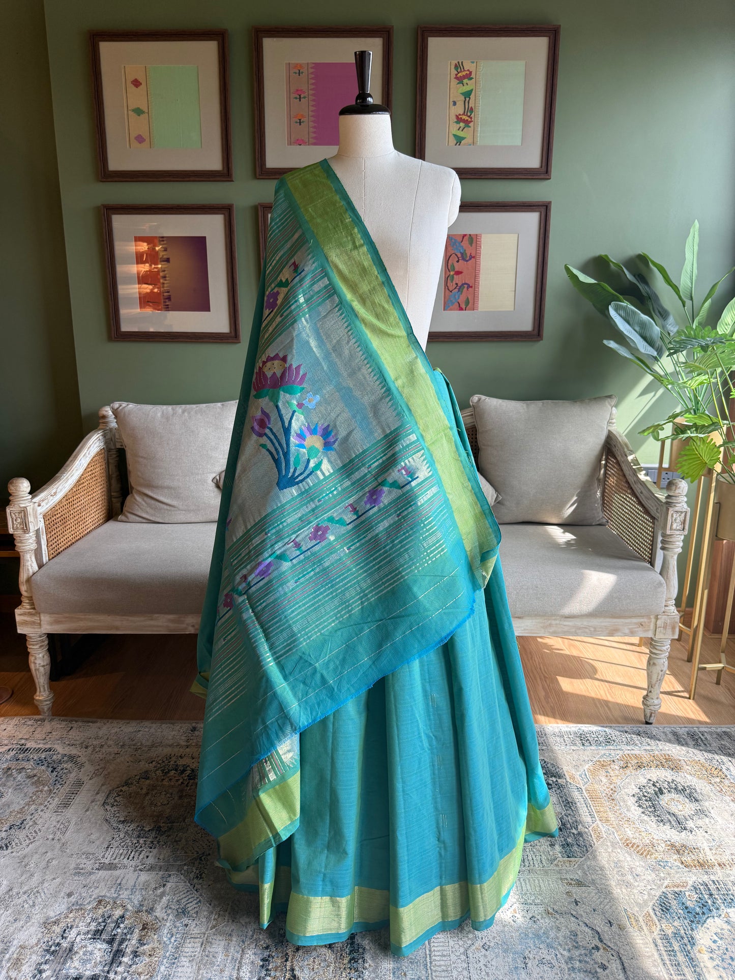 Turquoise Cotton Paithani with Lotus Pallu