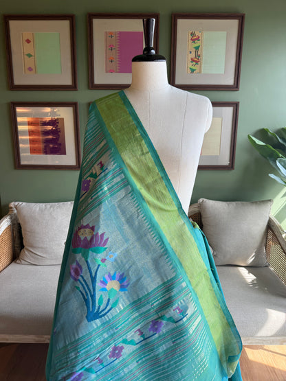 Turquoise Cotton Paithani with Lotus Pallu