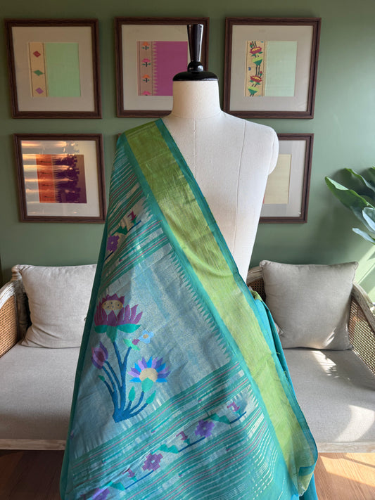 Turquoise Cotton Paithani with Lotus Pallu