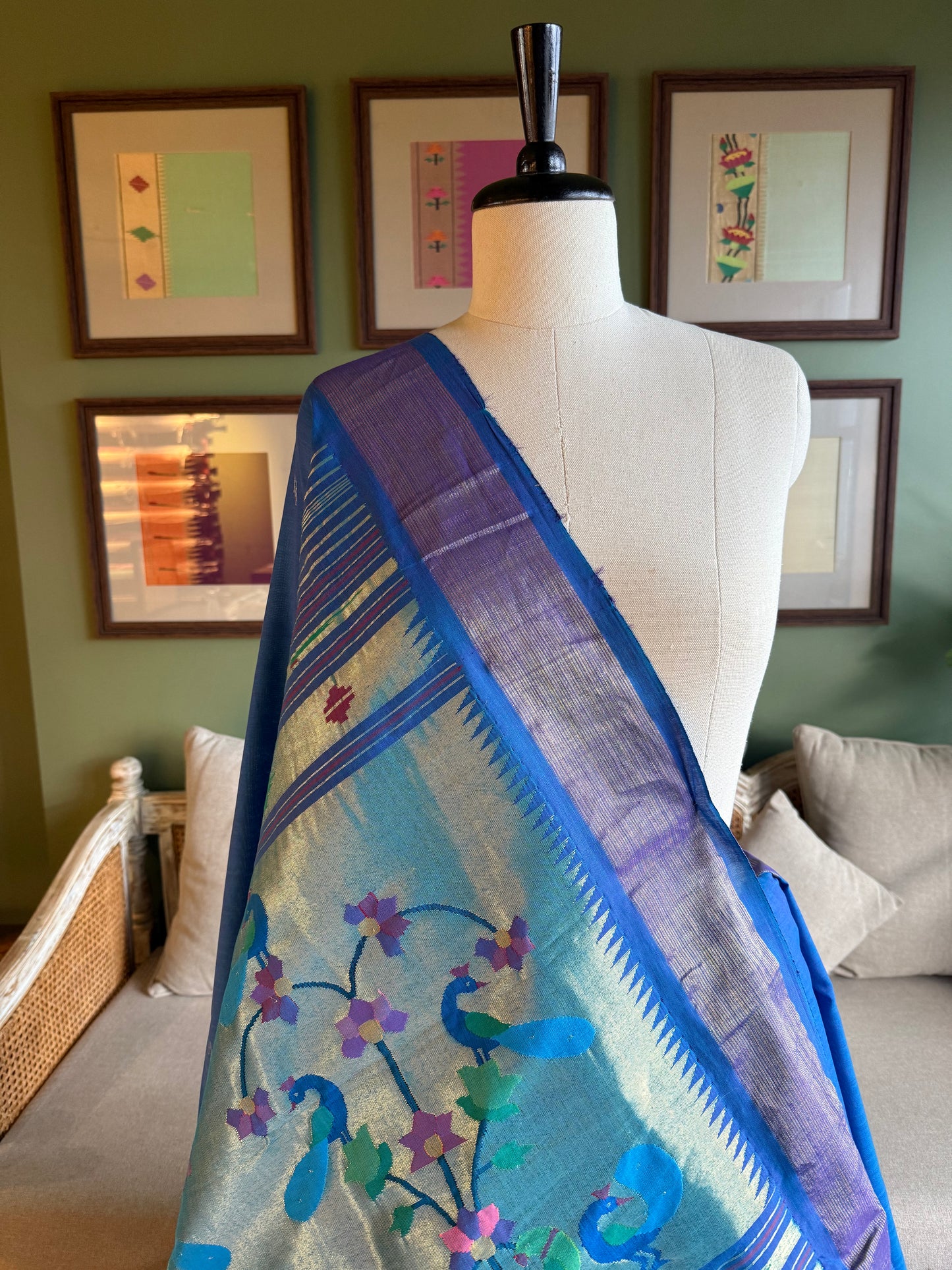 Deep Blue Cotton Paithani with Grand Peacock Pallu
