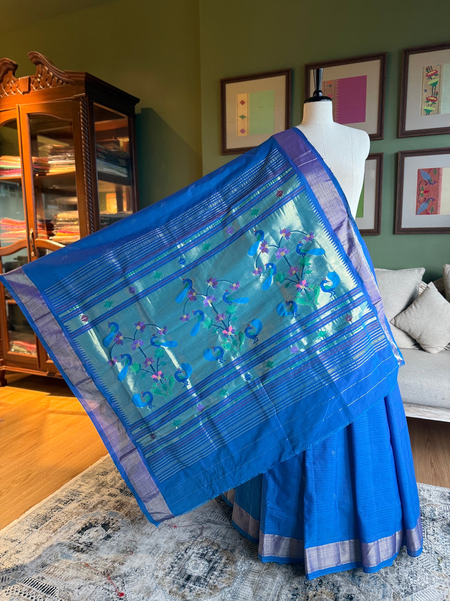 Deep Blue Cotton Paithani with Grand Peacock Pallu