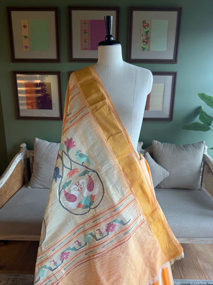 Light Yellow Cotton Paithani with Swan Pallu