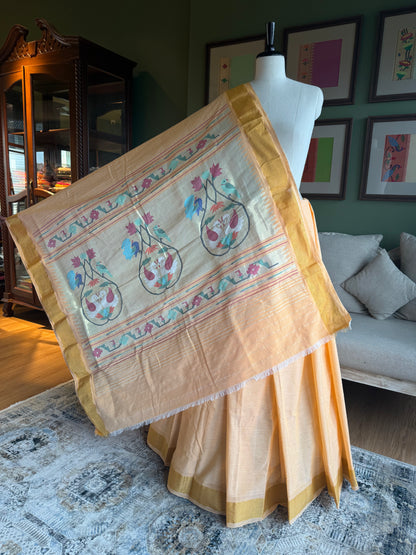 Light Yellow Cotton Paithani with Swan Pallu