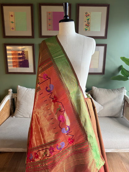 Red x Green Cotton Paithani with Peacock Tava Pallu