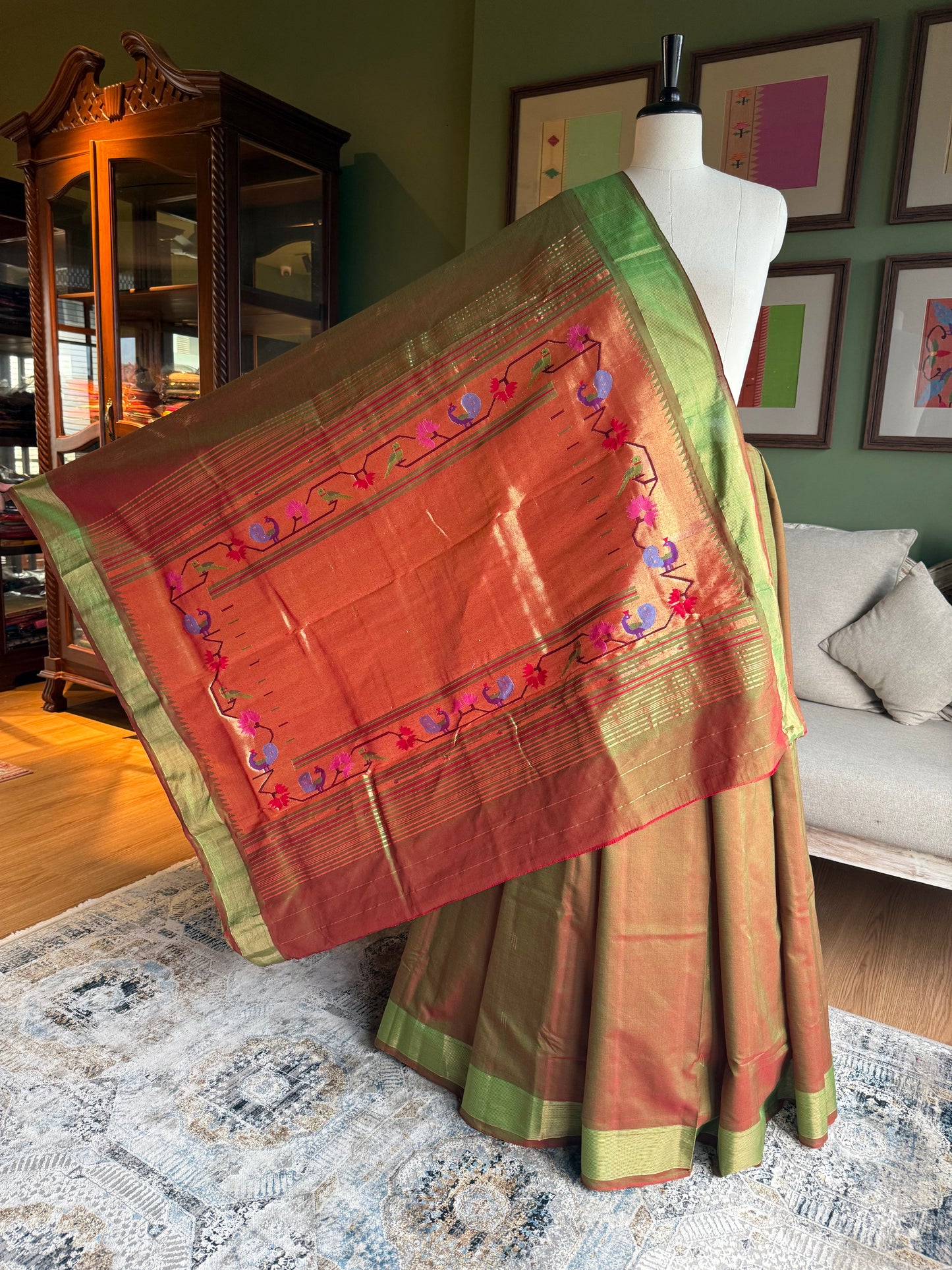Red x Green Cotton Paithani with Peacock Tava Pallu