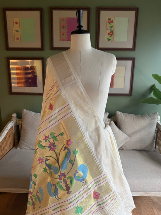 Ivory Cotton Paithani with Grand Peacock Pallu