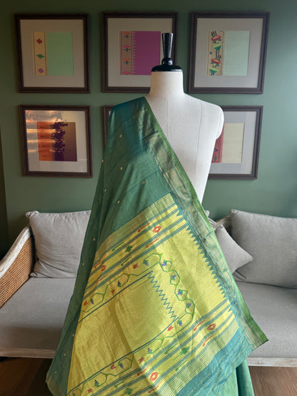Teal Cotton Silk  Paithani with Tava Pallu