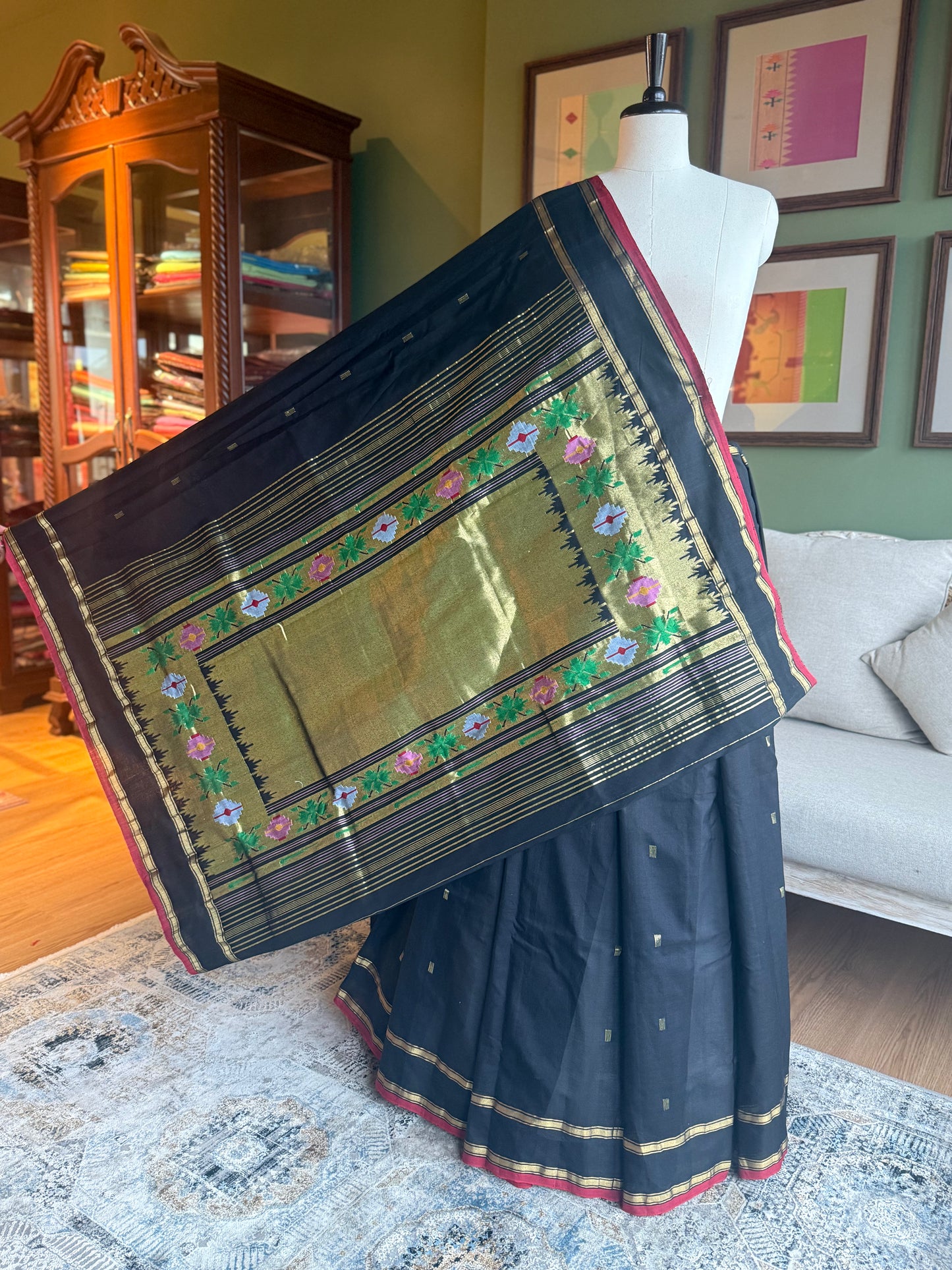 Black Cotton Paithani with Tava Pallu