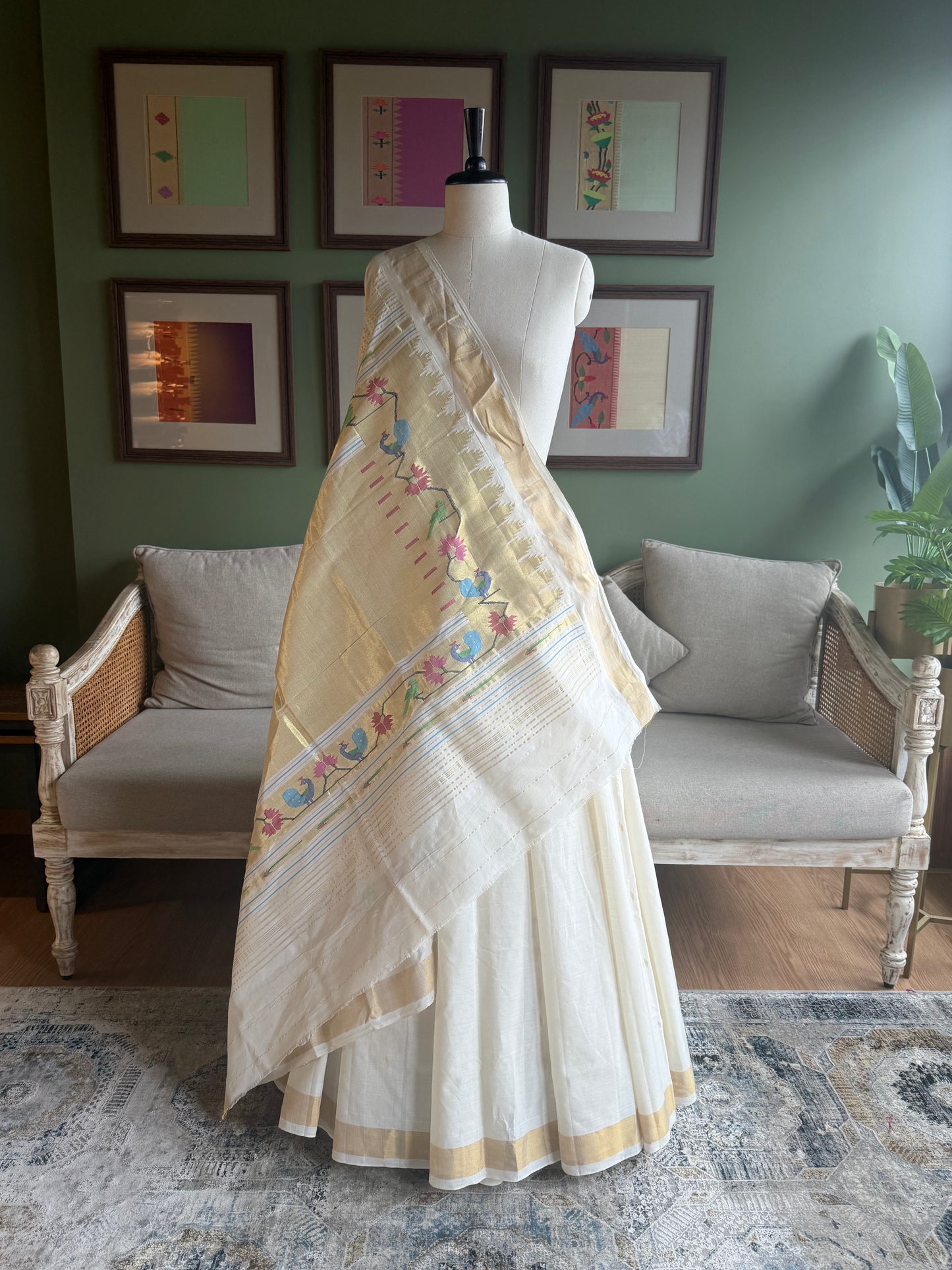 Ivory Cotton Paithani with Peacock Tava Pallu