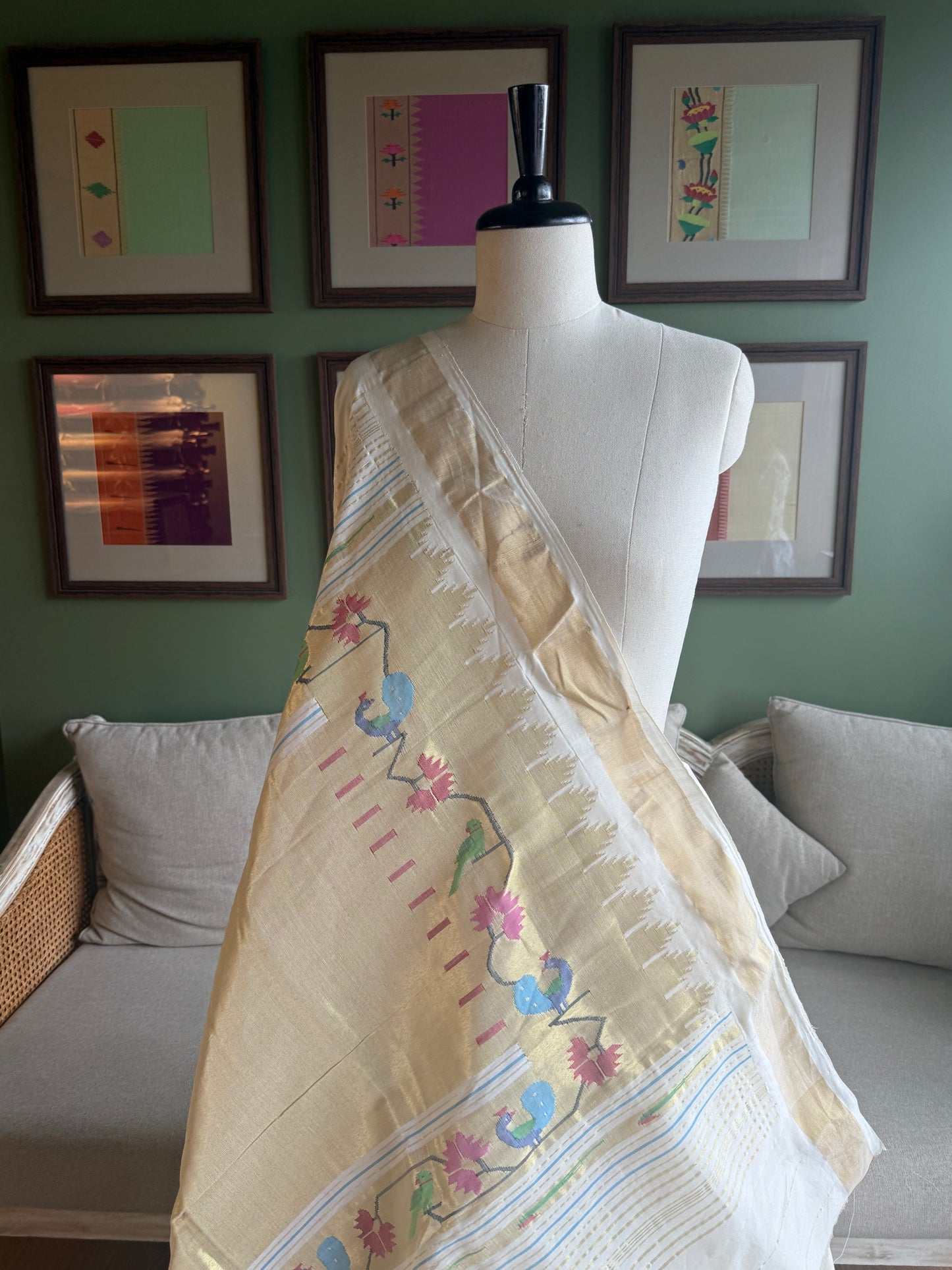 Ivory Cotton Paithani with Peacock Tava Pallu