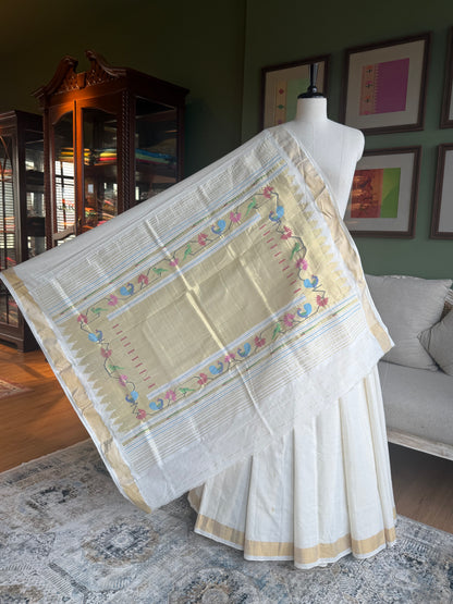 Ivory Cotton Paithani with Peacock Tava Pallu