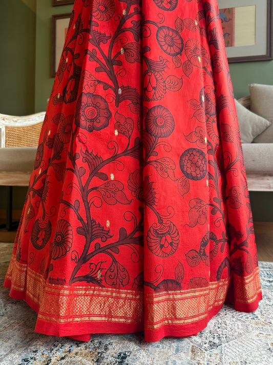 Red Kalamkari x Paithani with Classic Peacock Pallu