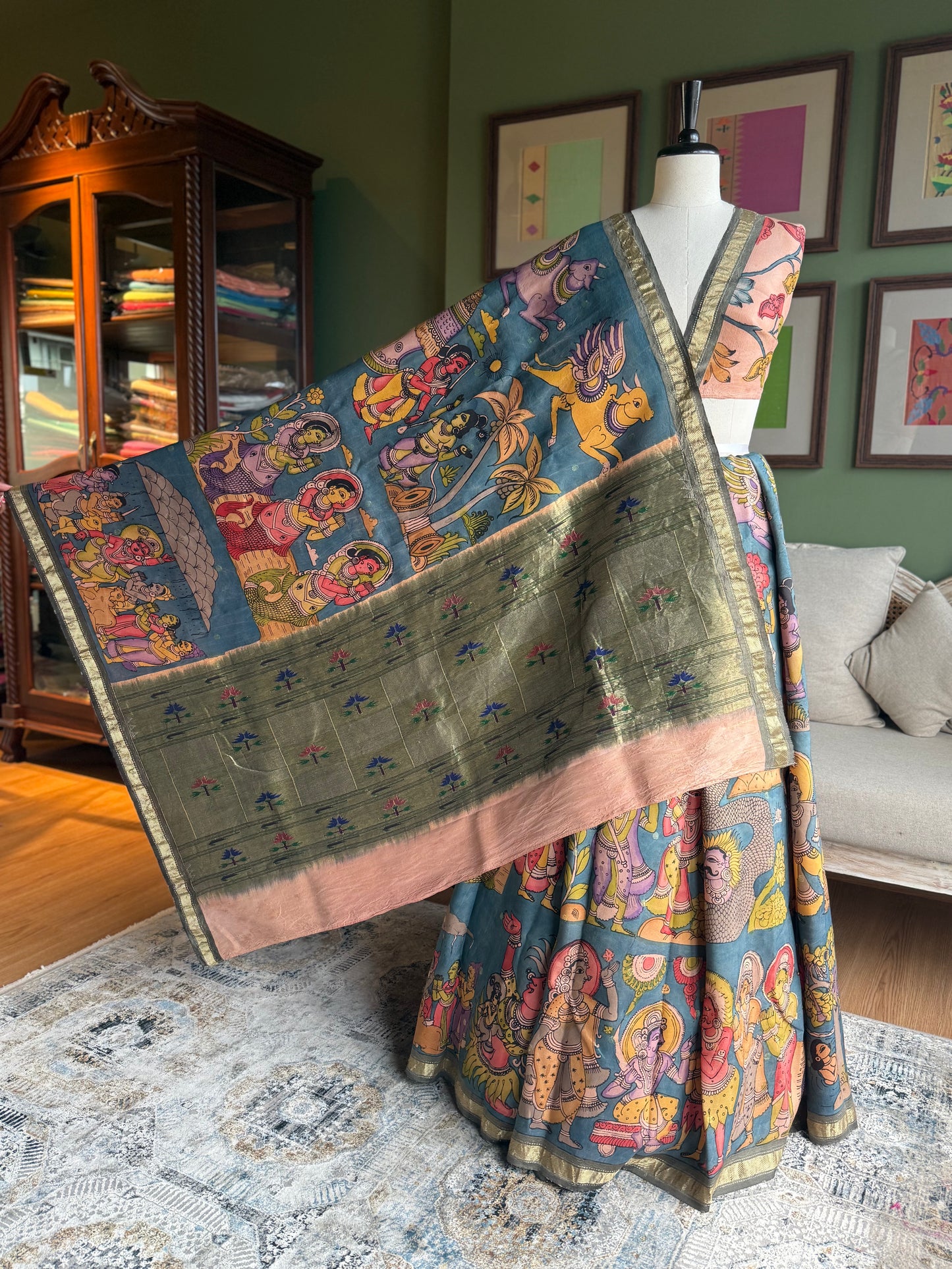 'Krishna Leela' Kalamkari x Paithani with Asavali Pallu