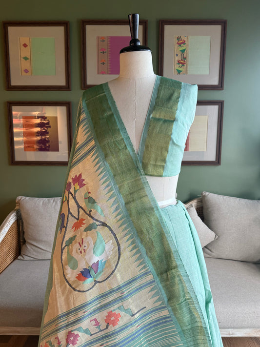 Dull Green Paithani with Grand Peacock Pallu